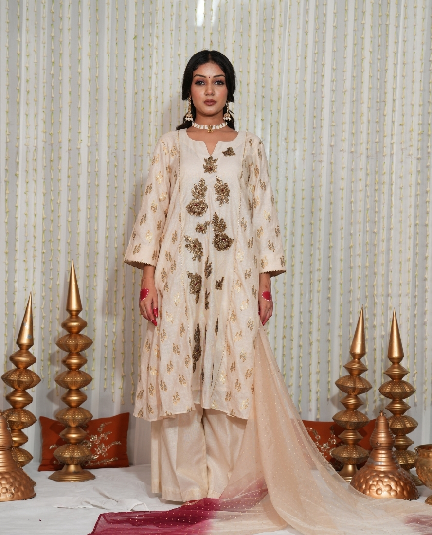 Cream gotta and Banarsi kurta set