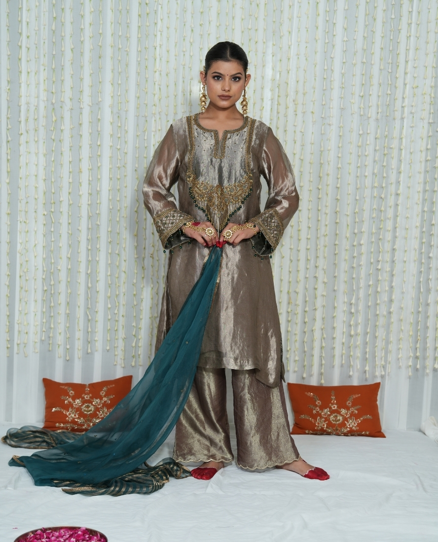 Teal chanderi with print salwar set.